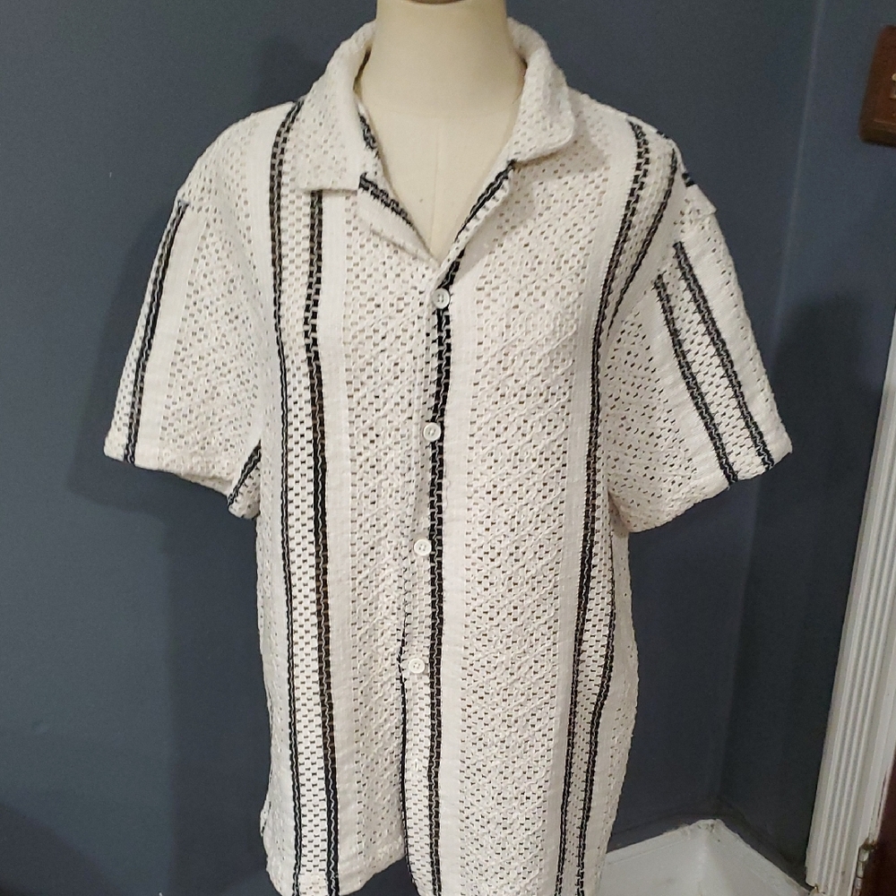 Casual Men's Cream and Black Button Down Shirt